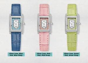 Three GEDI square watches in blue, pink, and green leather straps with crystal cases