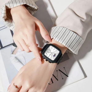 Black square GEDI quartz watch with moon phase display on a stylish metal link strap