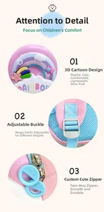 Detail of 3D rainbow patch, adjustable straps and dual zippers on kids backpack