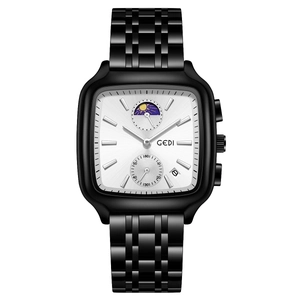 GEDI business watch with black stainless steel band and sunburst dial showing moon phase