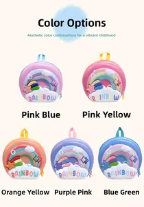 Detailed display of cute 3D rainbow backpacks in five vibrant color variations for children