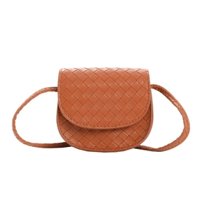 Minimalist orange woven leather crossbody bag for kids with Intrecciato pattern and strap