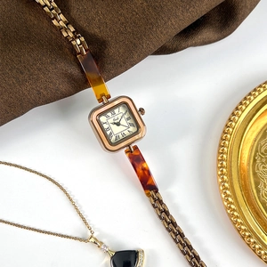 Vintage small square watch for women with amber resin and gold chain bracelet link