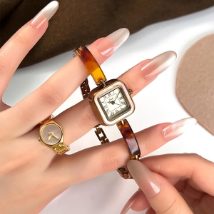 Vintage gold square watch with tortoise resin band and matching ring watch set for women