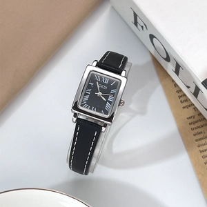 Vintage GEDI rectangular quartz watch for women with black leather strap and silver case