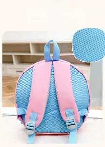 Detail of breathable honeycomb mesh back and padded straps on 3D cartoon kids backpack
