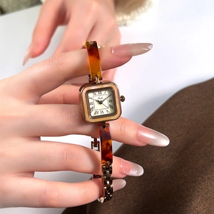 Vintage small square quartz watch with amber resin strap and gold metal chain for women