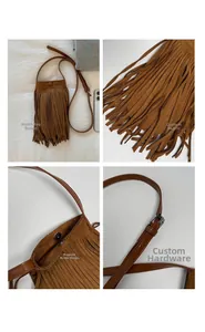 Détails du sac à franges marron montrant le fermoir magnétique et les boucles métalliques