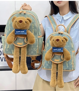 Detail of teal monogram canvas backpack set with brown teddy bear doll accessory