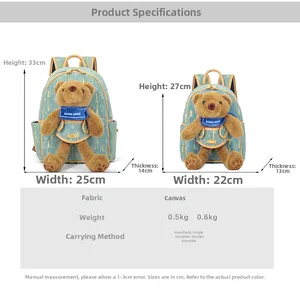 Size comparison chart for large and small canvas bear backpacks showing dimensions and weights