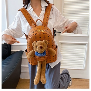 Dettaglio mini zaino in ecopelle marrone con motivo monogramma e ciondolo a forma di orso