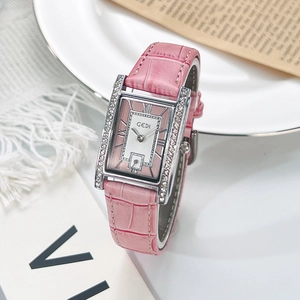 GEDI Women Rectangular Quartz Watch Alloy Case Rhinestone Bezel Leather Strap Crocodile Pattern Elegant Water Resistant