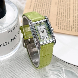 Retro rectangular quartz watch for women with green leather strap and diamond bezel