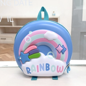 Blue EVA hardshell rainbow backpack for toddlers with cartoon clouds and stars