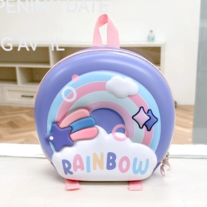 Close-up of a purple EVA shell backpack with 3D rainbow, cloud, and shooting star details