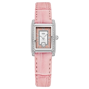 GEDI vintage rectangular women's watch with pink leather strap and diamond-set silver case