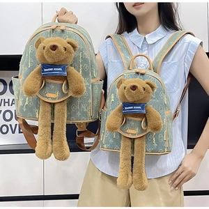 Detail showing vintage denim monogram backpack with plush bear and adjustable straps