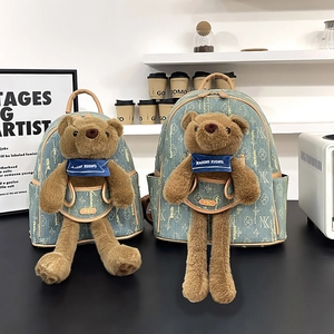 Fashion Denim Backpack With Plush Teddy Bear Doll Monogram Print For Women And Girls Casual Travel School Bag