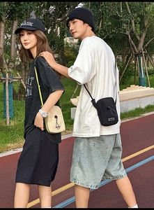 Outdoor leisure crossbody bags in beige and black with drawstring water bottle pockets