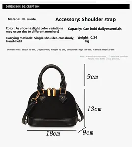 Graphique de dimensions détaillé montrant le sac coquille noir en similicuir matelassé