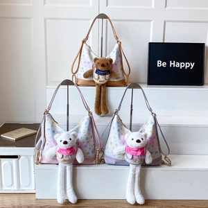 Cartoon Printed PU Leather Shoulder Bag With Plush Bear Ornament Chain Strap Hobo Crossbody Bag For Women