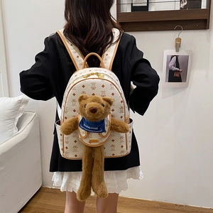 Zaino beige con orsetto di peluche e motivi a rombi per studentesse universitarie