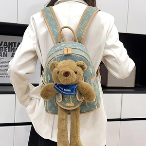 Cute teddy bear denim backpack with blue monogram canvas and leather trim