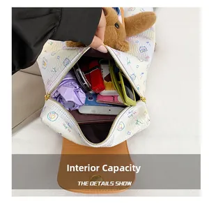 Internal capacity of cartoon backpack showing umbrella, lipstick, and sunglasses