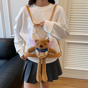 Cute cartoon bear plush shoulder bag in white and caramel leather with chain strap