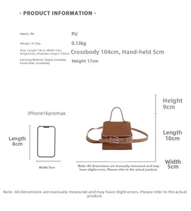 Detailed size comparison of mini brown PU leather handbag with iPhone 16 Pro Max