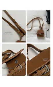 Mini brown crossbody bag details showing adjustable strap, magnetic snap and textured fabric