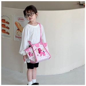 Sac enfant en toile à carreaux roses avec motif lapin et petit porte-monnaie