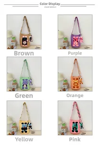 Detailed grid view of cartoon canvas bucket bags in brown, purple, green, orange, yellow and pink