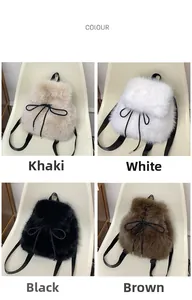Faux fur drawstring backpack collection in khaki, white, black and brown plush colors