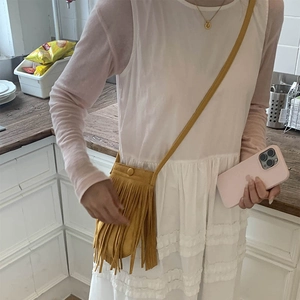 Sac bandoulière tendance jaune moutarde à franges en similicuir mat pour femme