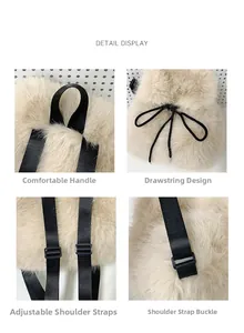 Detail display of beige faux fur backpack features drawstring closure and adjustable straps