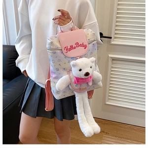 Detail of white mini backpack with pink Hello Baby embroidery and cute plush bear charm
