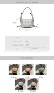 Size chart for mini plaid crossbody bag showing dimensions and five available colors