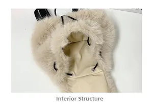 Detailed view of internal structure and faux fur lining of the stylish beige backpack