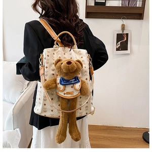 Details des niedlichen Bären-Rucksacks mit Retro-Monogramm-Muster und Plüschtier-Anhänger