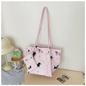Sac cabas en toile à carreaux roses avec motifs chiens et petite pochette assortie