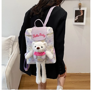 Detail of laser material backpack with cute plush bear and Hello Baby embroidery