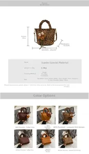 Detail view of leopard print plush handbag for girls with size chart and cute bear charm