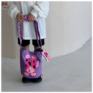 Kids purple canvas bucket bag with cute cartoon cat print and wide shoulder strap