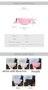 Detailed size specifications and color variants for the printed bowknot kids waist bag
