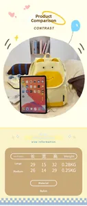 Tableau des tailles pour sac à dos de dessin animé jaune avec dimensions grandes et moyennes