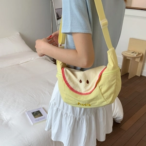 Cute apple-shaped crossbody bag in yellow nylon with fruit embroidery for women
