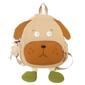 Cartoon puppy backpack for women in beige and brown nylon with bear plush charm