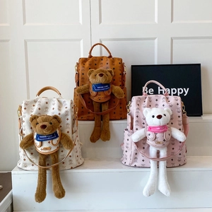 Damen Mode Rucksack PU Leder Monogramm Druck Cartoon Plüsch Teddybär Dekor Süßer Lässiger Tagesrucksack Für Mädchen