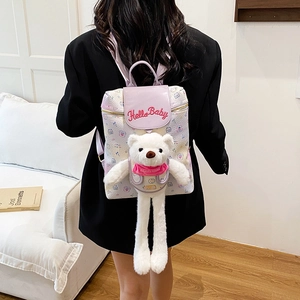 Cute lavender cartoon backpack for women with teddy bear charm and embroidery